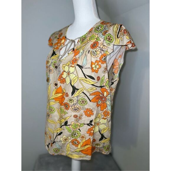 Women’s Linen Blend Floral Tie Front Blouse Top Large - Picture 3 of 9